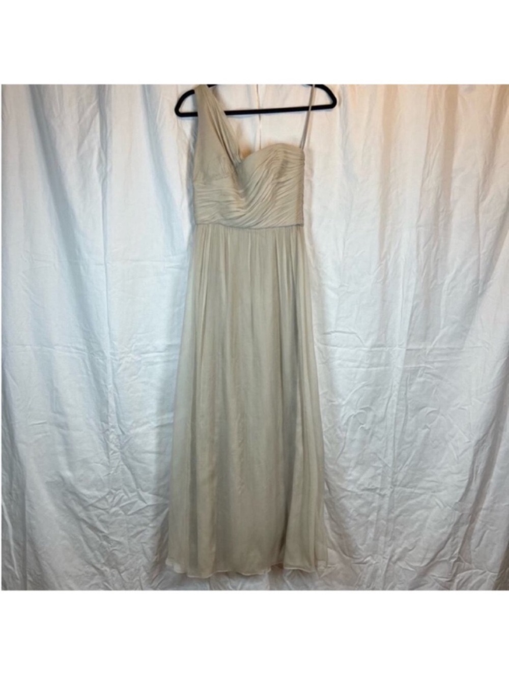 Amsale one shoulder draped ruched chiffon maxi bridesmaid dress champaign